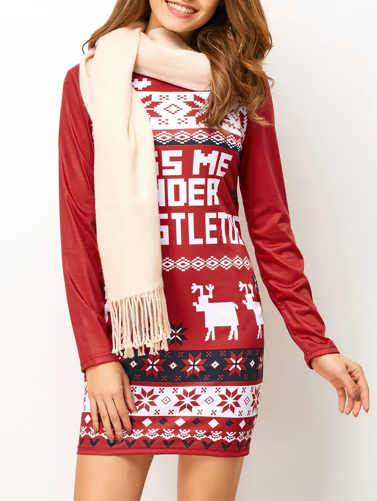 

Christmas Printed Mini Long Sleeve Dress, Red