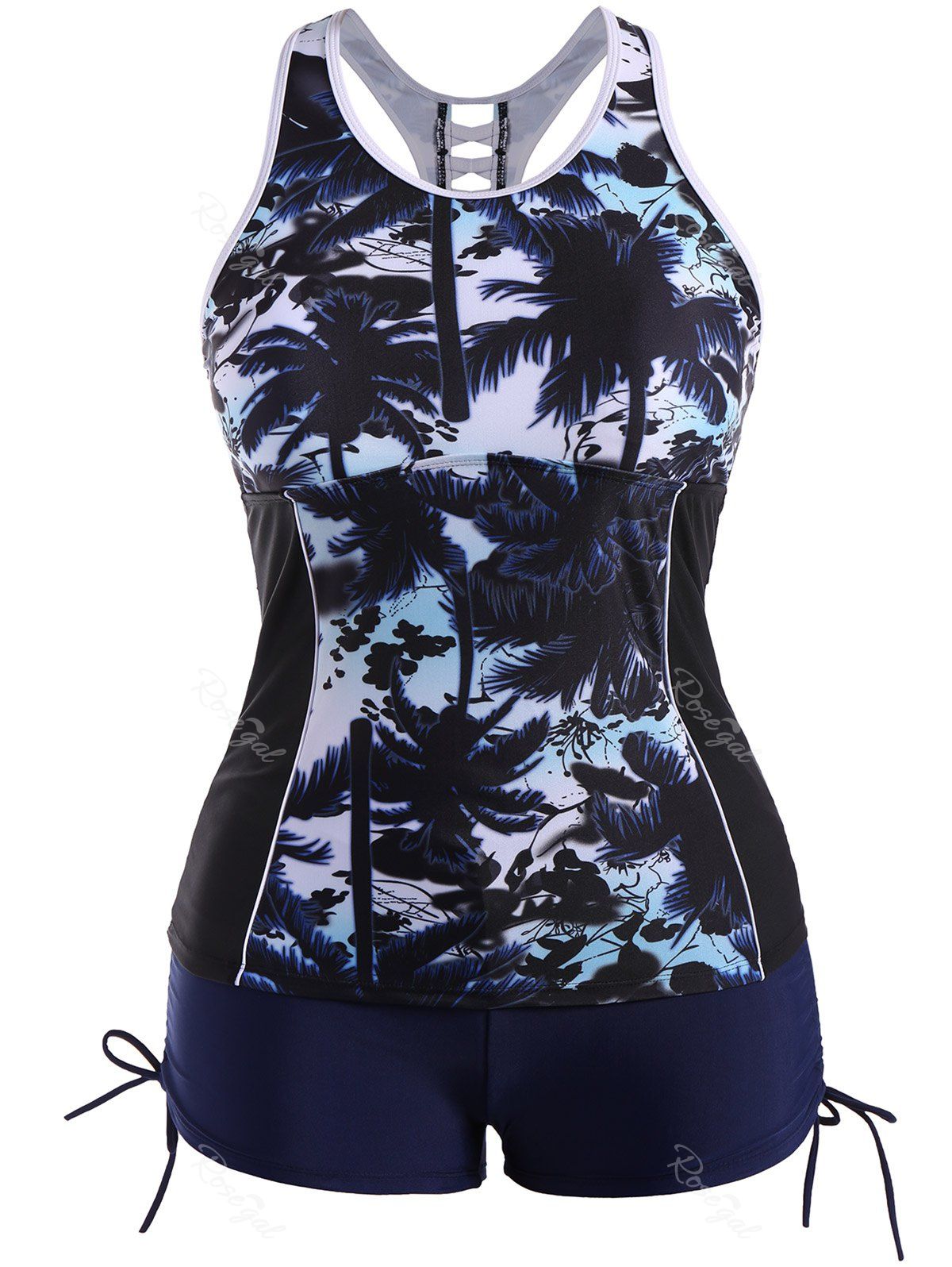

Plus Size Hawaiian Print Moulded Racerback Tankini Bathing Suit, Deep blue