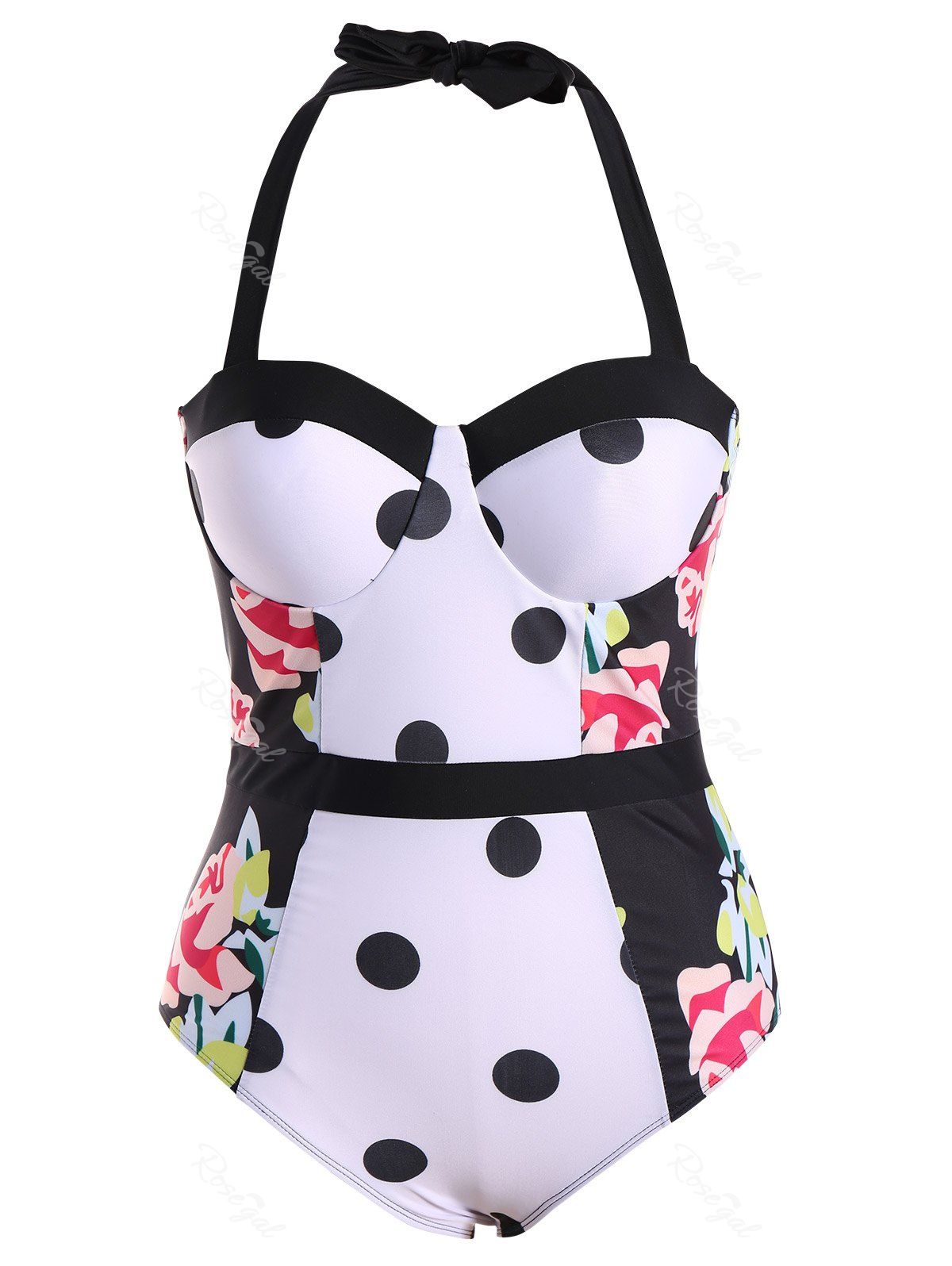 White Xl Plus Size Polka Dot Floral Print Swimwear RoseGal Com