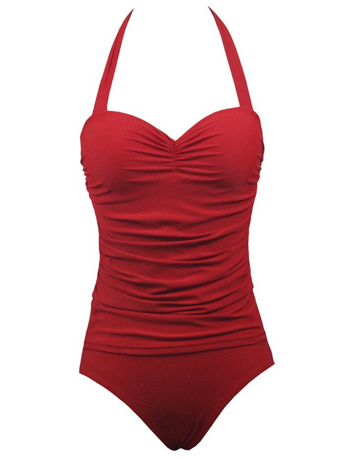 2018 Halter Push Up Ruched One Piece Swimwear In Red L