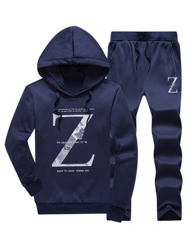 

Letter Pullover Hoodie and Drawstring Pants Twinset, Deep blue