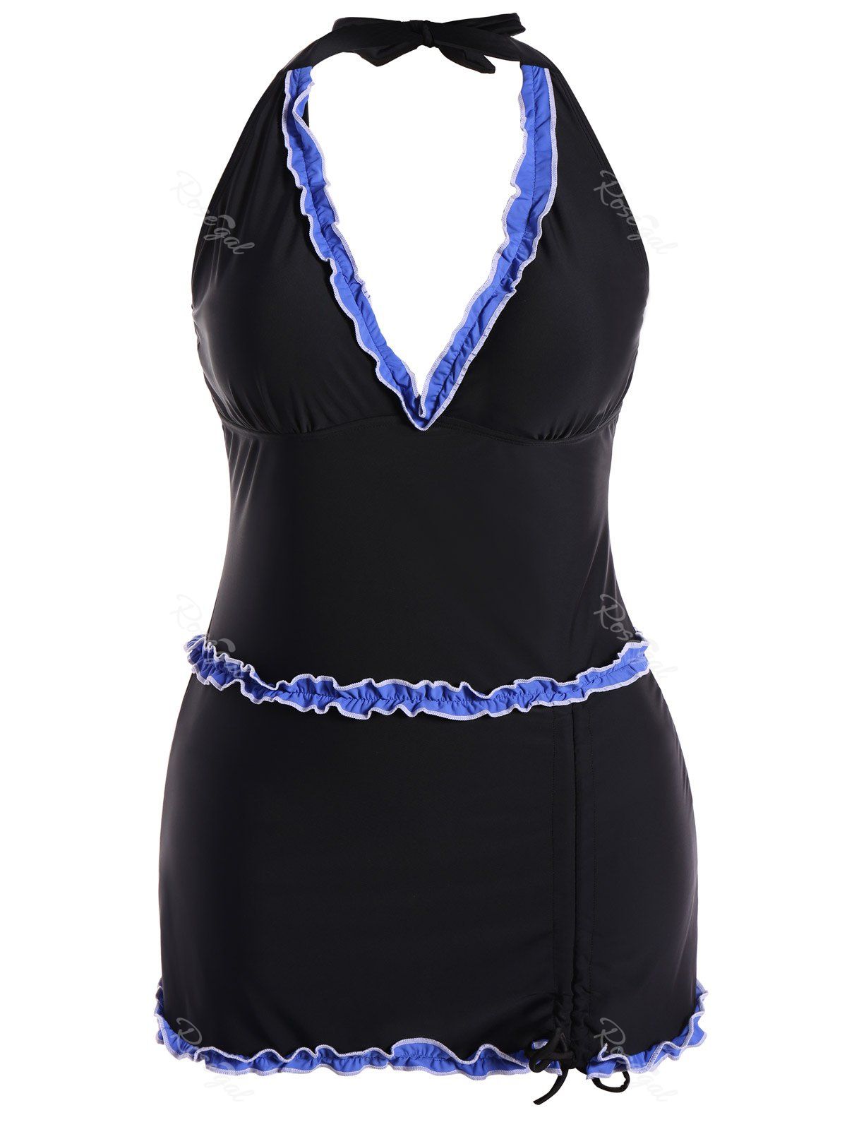 Blue 3xl Plus Size Halter Ruffled Swimwear