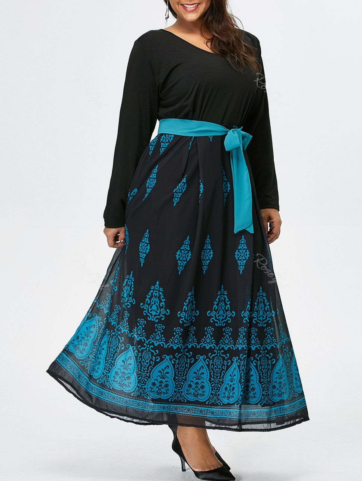 [14 OFF] Plus Size Belt Long Sleeve Printed Maxi Dress Rosegal