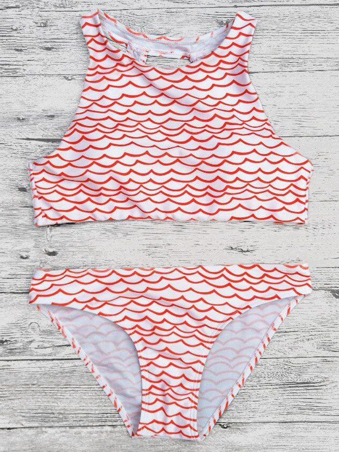 [24 OFF] Wavy Print Cut Out Cropped Bikini Set Rosegal