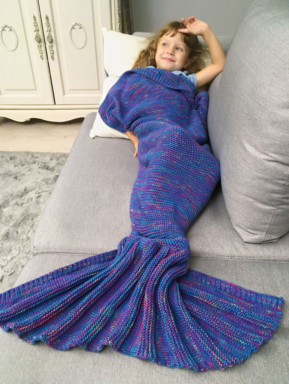 

Crochet Knit Mix Color Mermaid Blanket Throw For Kids, Deep purple