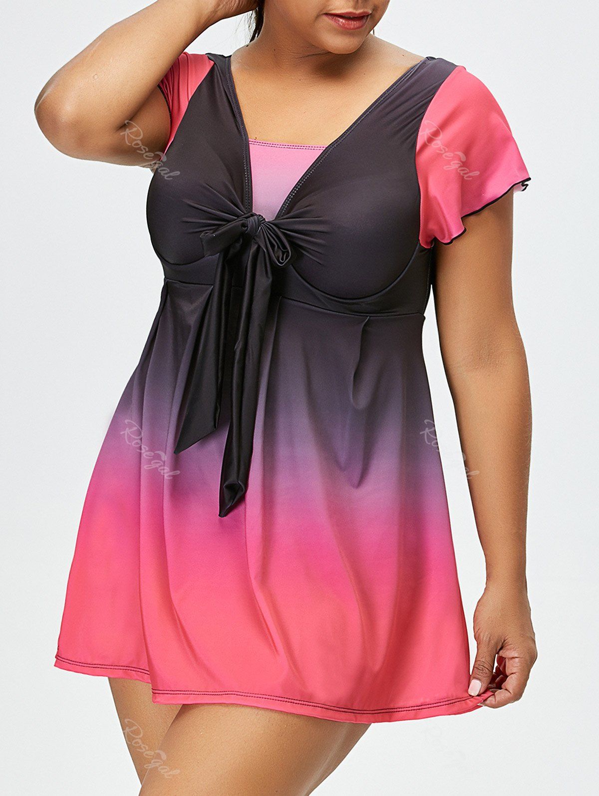 Black Pink 6xl Ombre Backless Plus Size Skirted Swimsuit