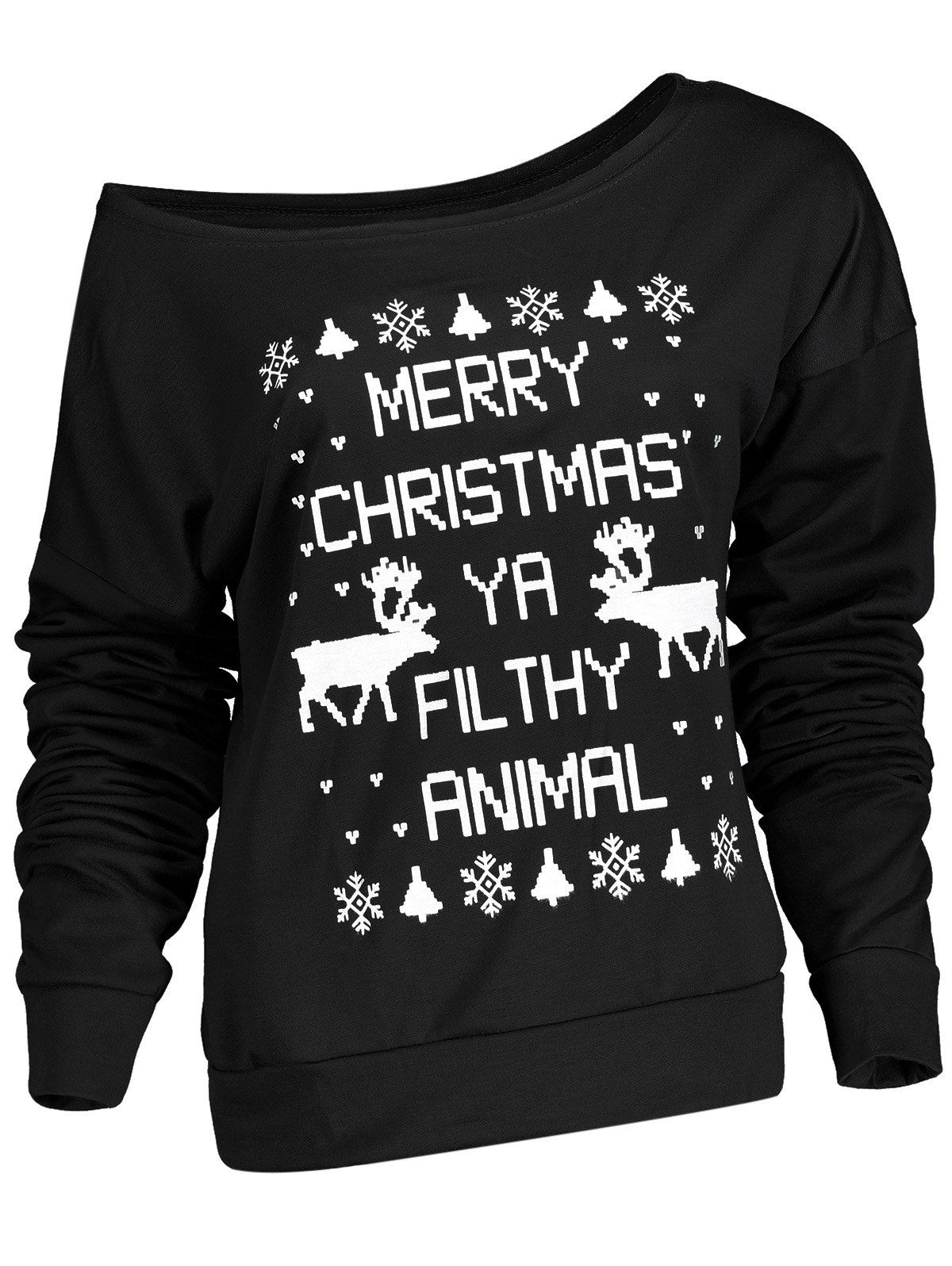 

Fresh Style Letter and Snowflake Print Pullover Christmas Sweatshirt For Women, Black