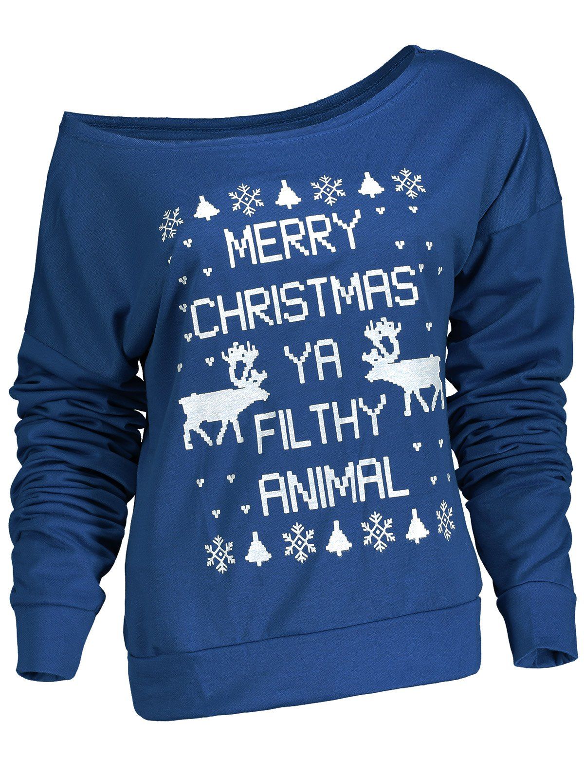 

Fresh Style Letter and Snowflake Print Pullover Christmas Sweatshirt For Women, Blue