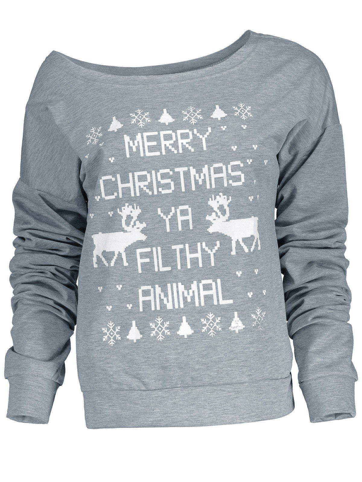 

Fresh Style Letter and Snowflake Print Pullover Christmas Sweatshirt For Women, Gray