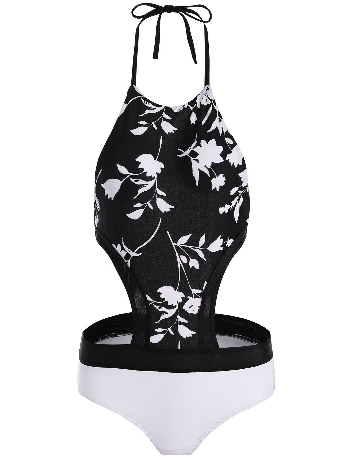 White/black S Halter Floral High Cut One-piece Swimwear | Rosegal.com