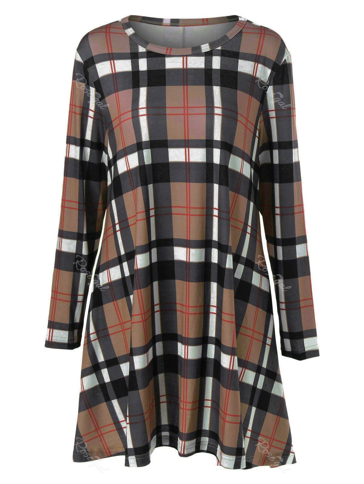 

Plus Size Plaid Long Sleeves A-Line Dress, Light coffee