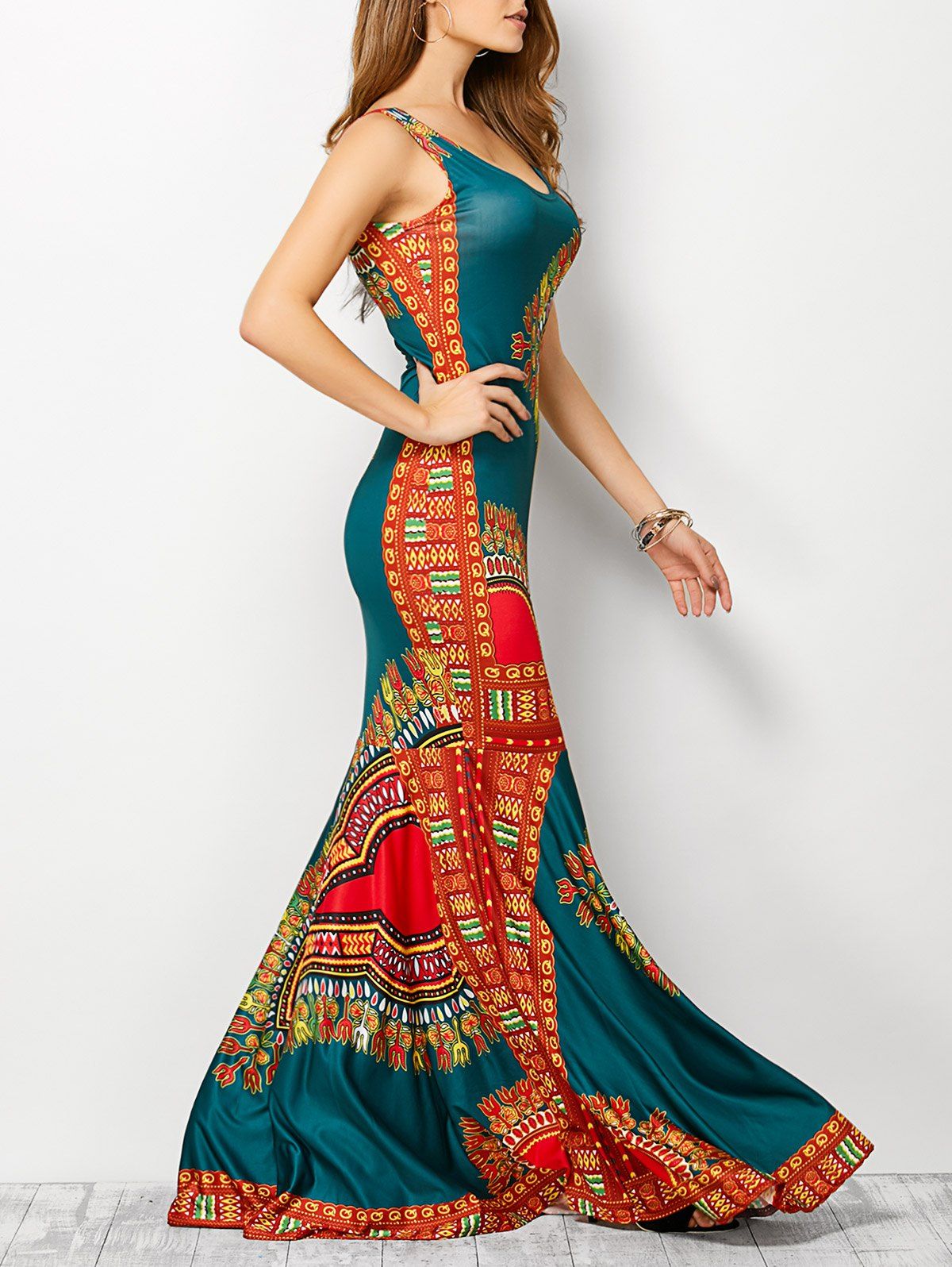 

Bohemian Tribe Print Long Fitted Mermaid Dress, Lake blue