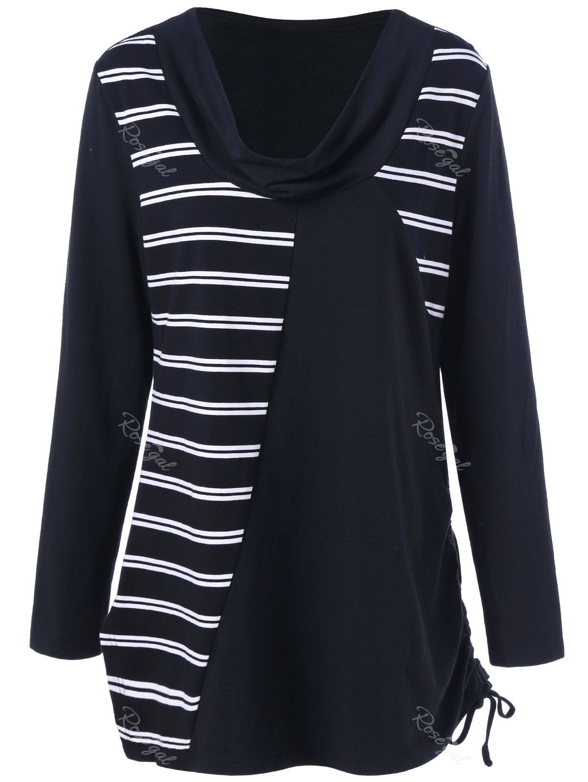 

Plus Size Cowl Neck Striped Tunic T-Shirt, White and black