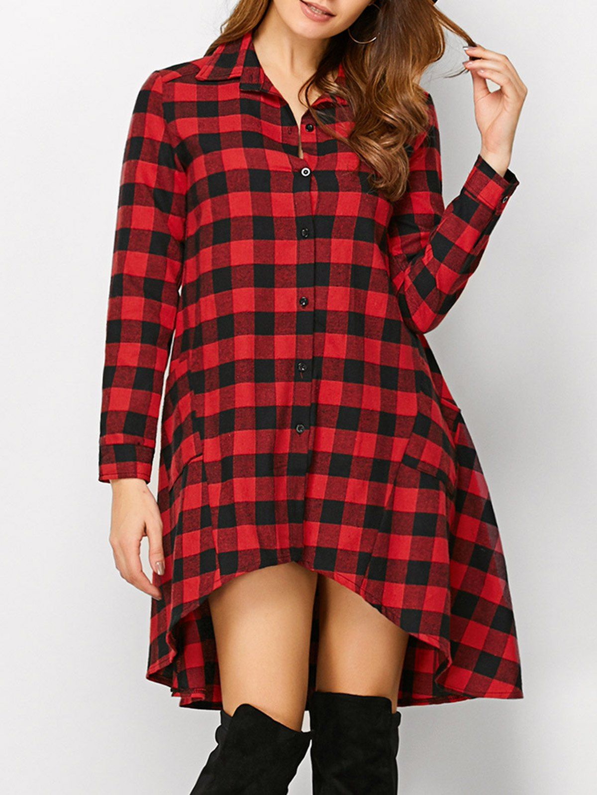 Outfit Long Sleeve Plaid High Low Flannel Shirt Dress  