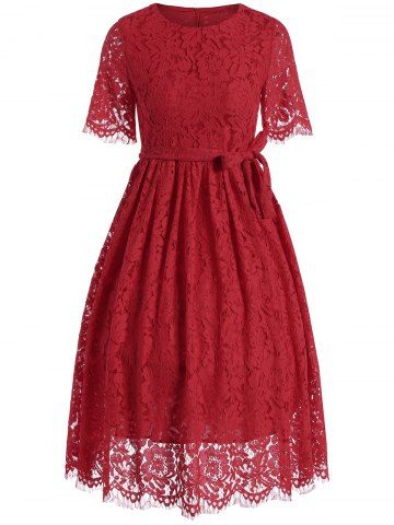 Red 2xl Midi Lace A Line Dress With Belt | RoseGal.com