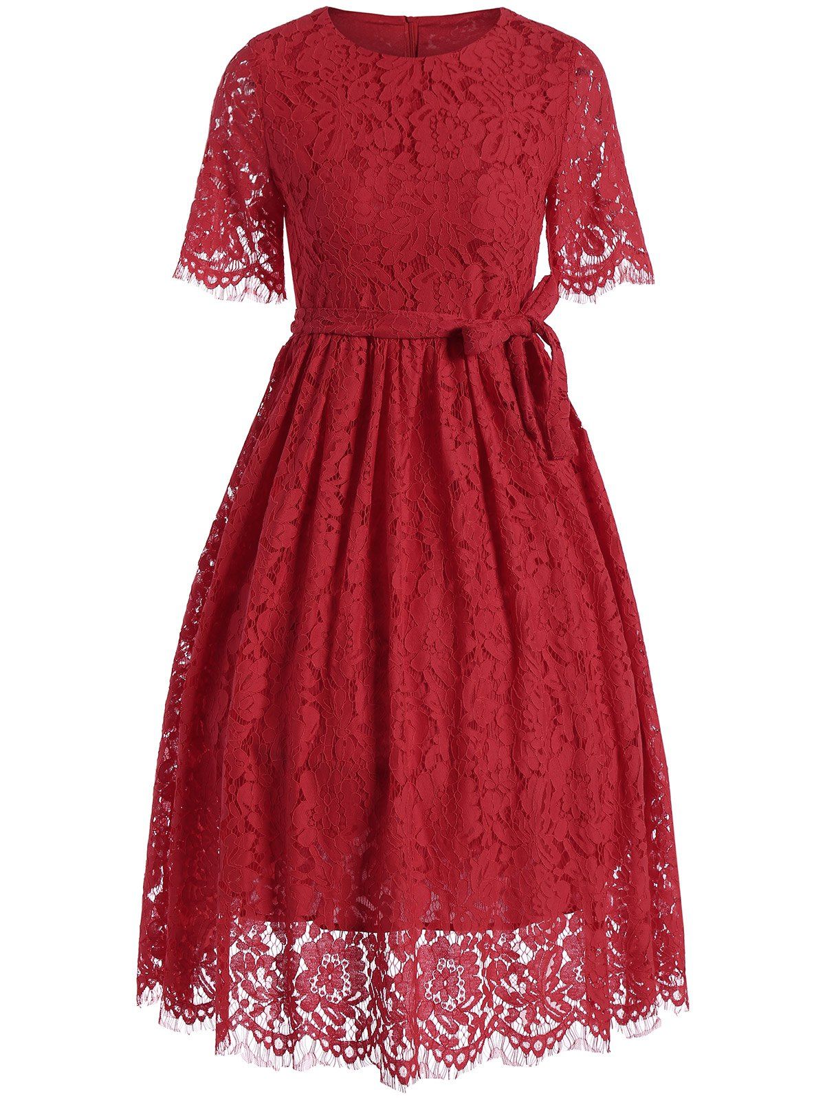 [26% OFF] Midi Lace A Line Dress With Belt | Rosegal