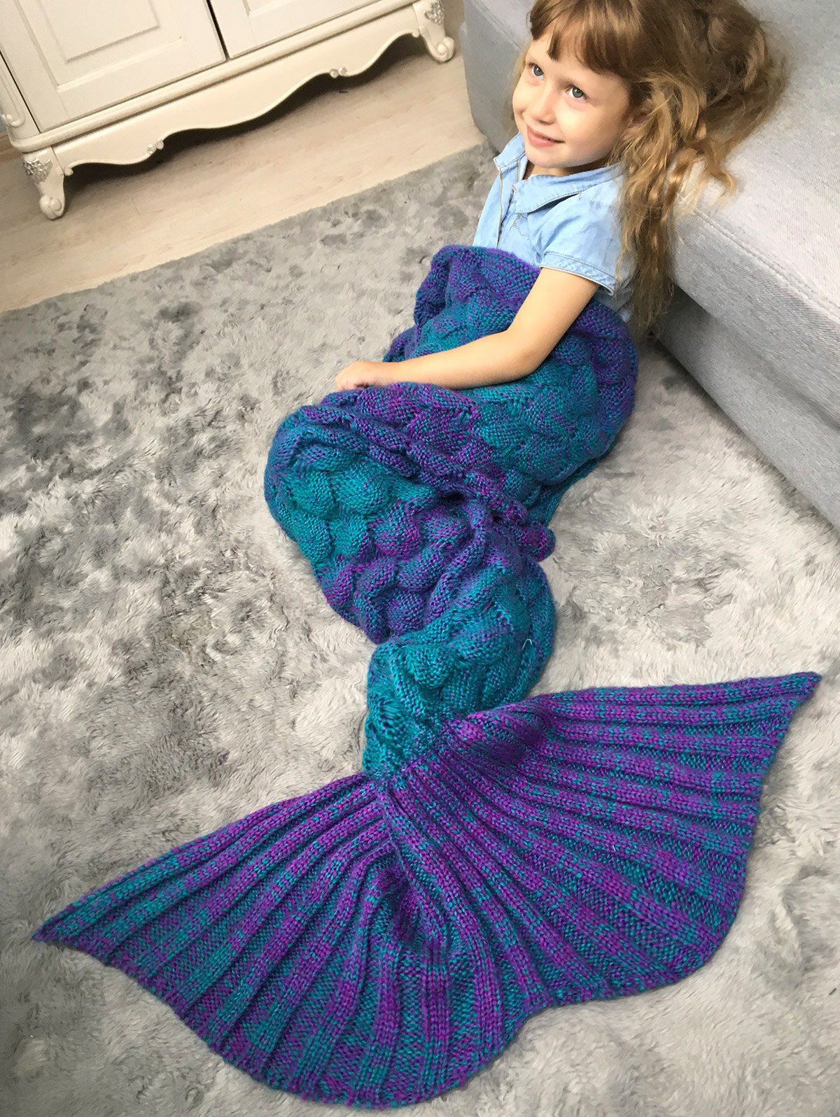 Couverture En Forme De Queue De Sirène écaillée Tricotée Pour Enfants En COLORMIX