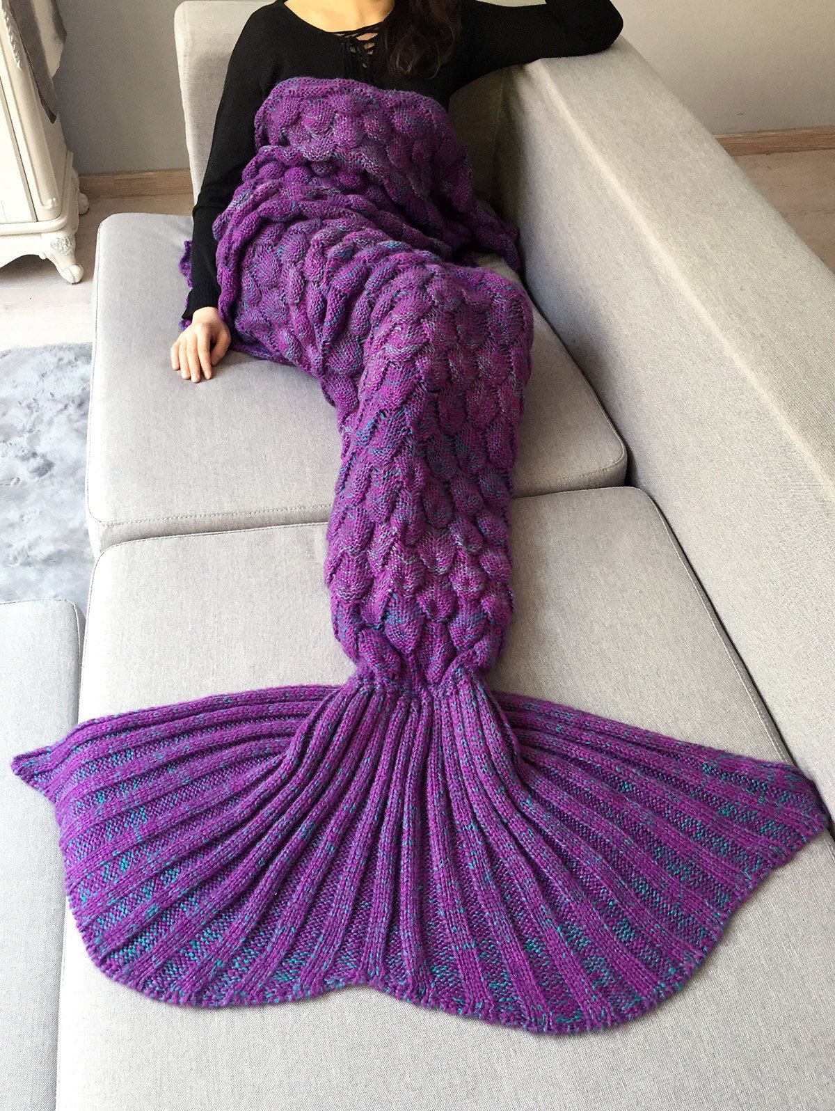 

Fish Scale Crochet Knit Home Decor Mermaid Blanket Throw, Purple