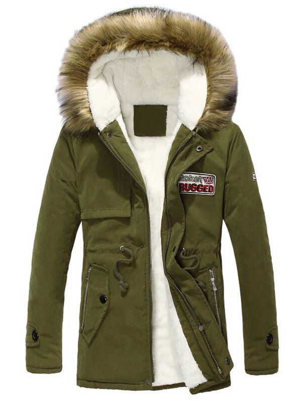 

Drawstring Zippered Long Sleeve Fur Hooded Sherpa Coat, Army green
