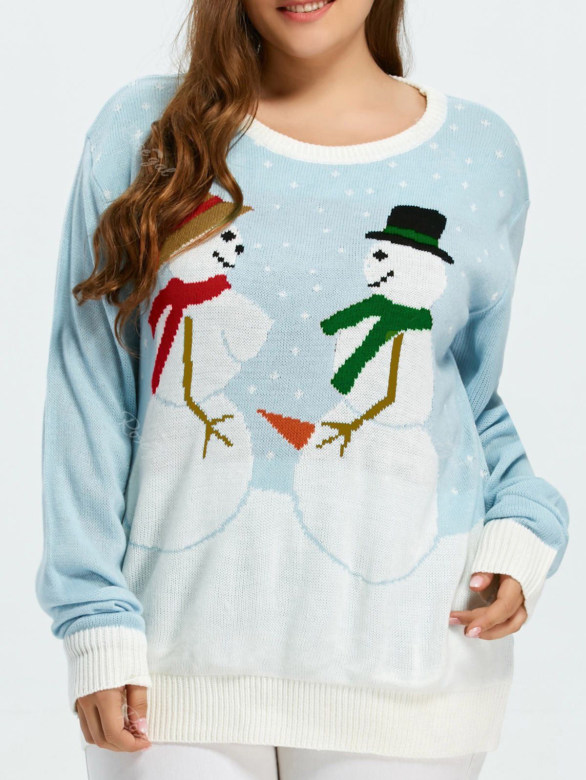 

Funny Snowman Pattern Christmas Cute Plus Size Sweater, Sky blue