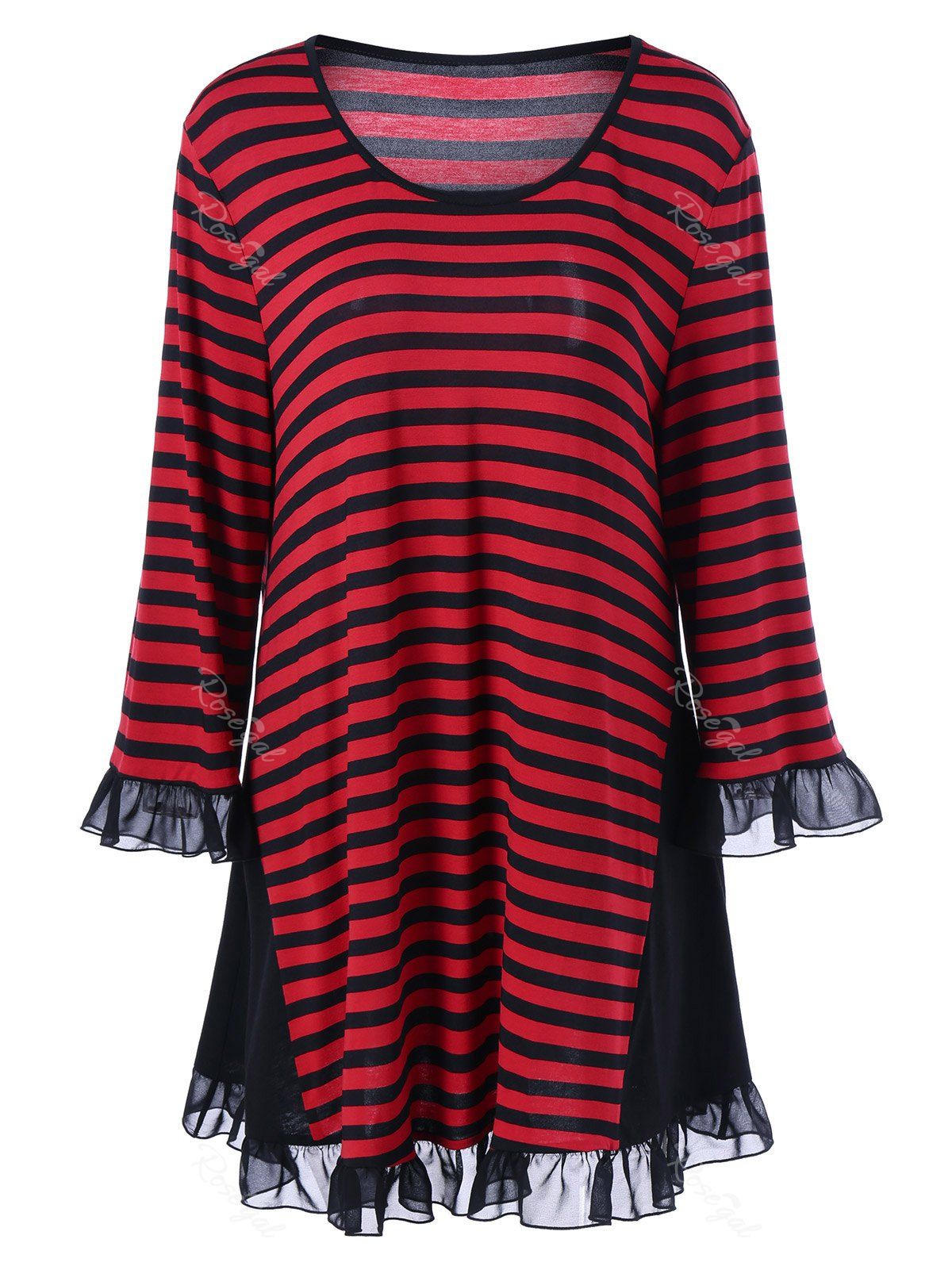 [17% OFF] Plus Size Striped Ruffled Longline T-Shirt | Rosegal