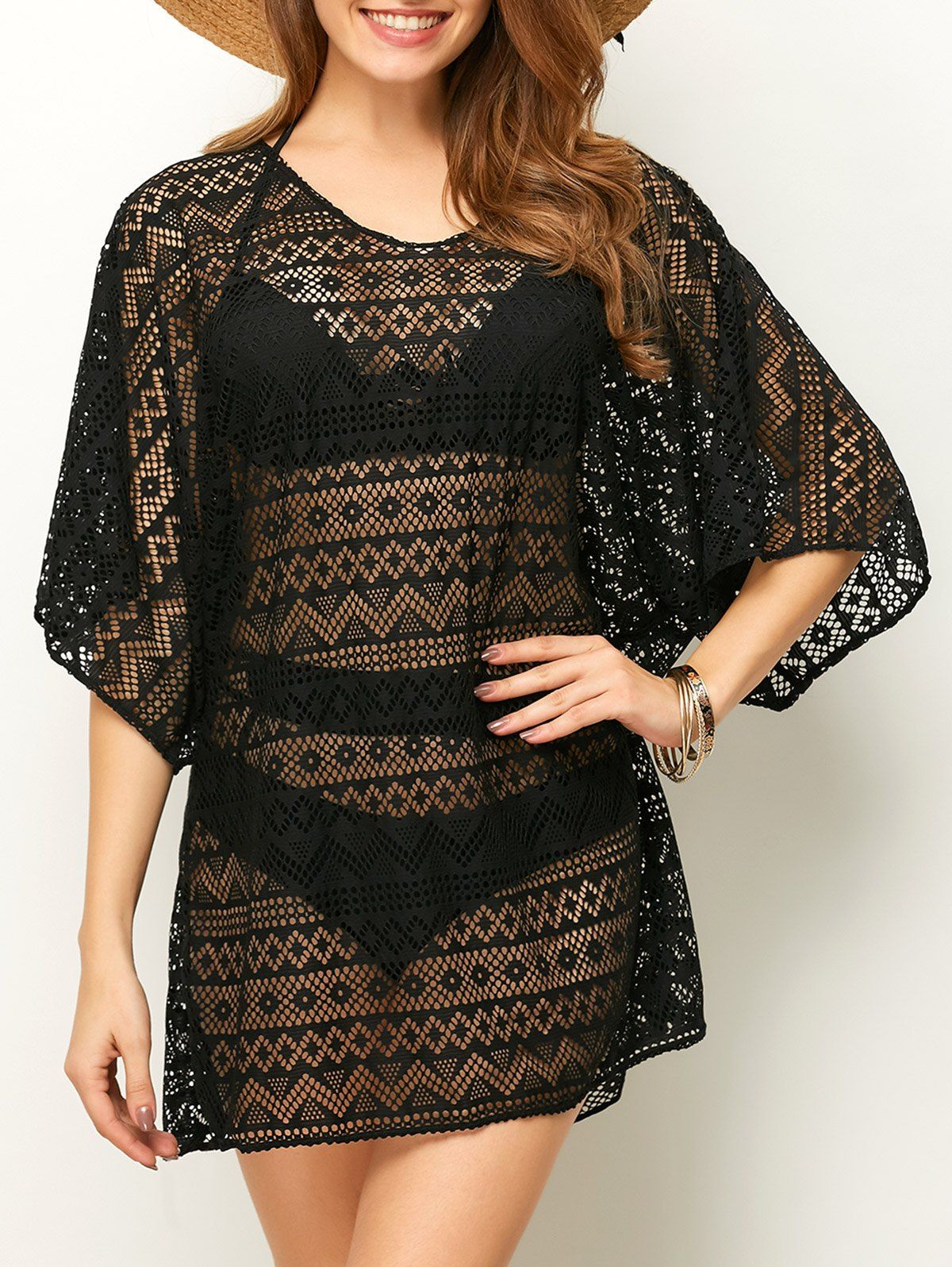 

Openwork See Thru Beach Tunic Cover Up, Black