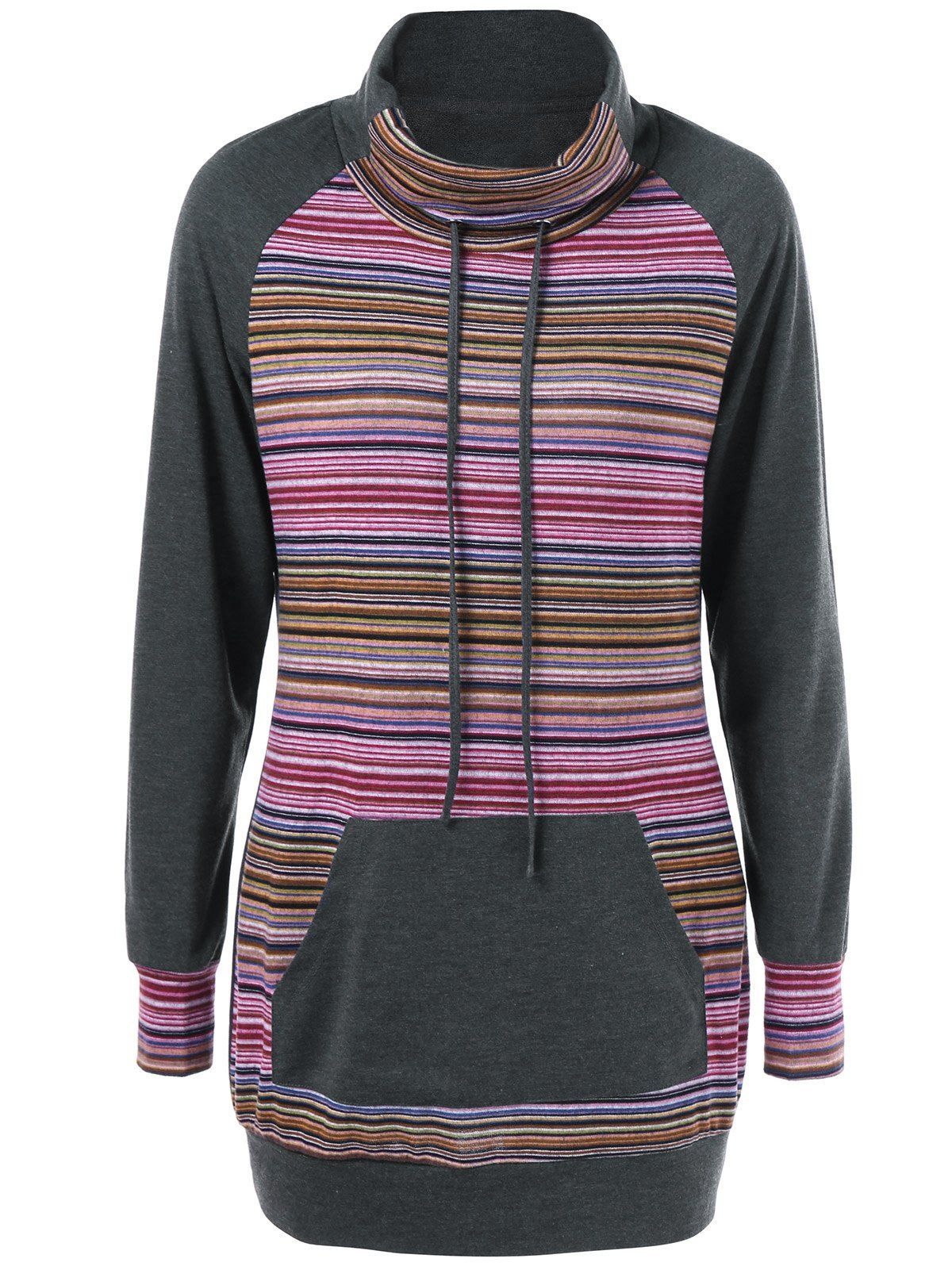 

Striped Turtleneck Kangaroo Pocket Sweatshirt, Gray