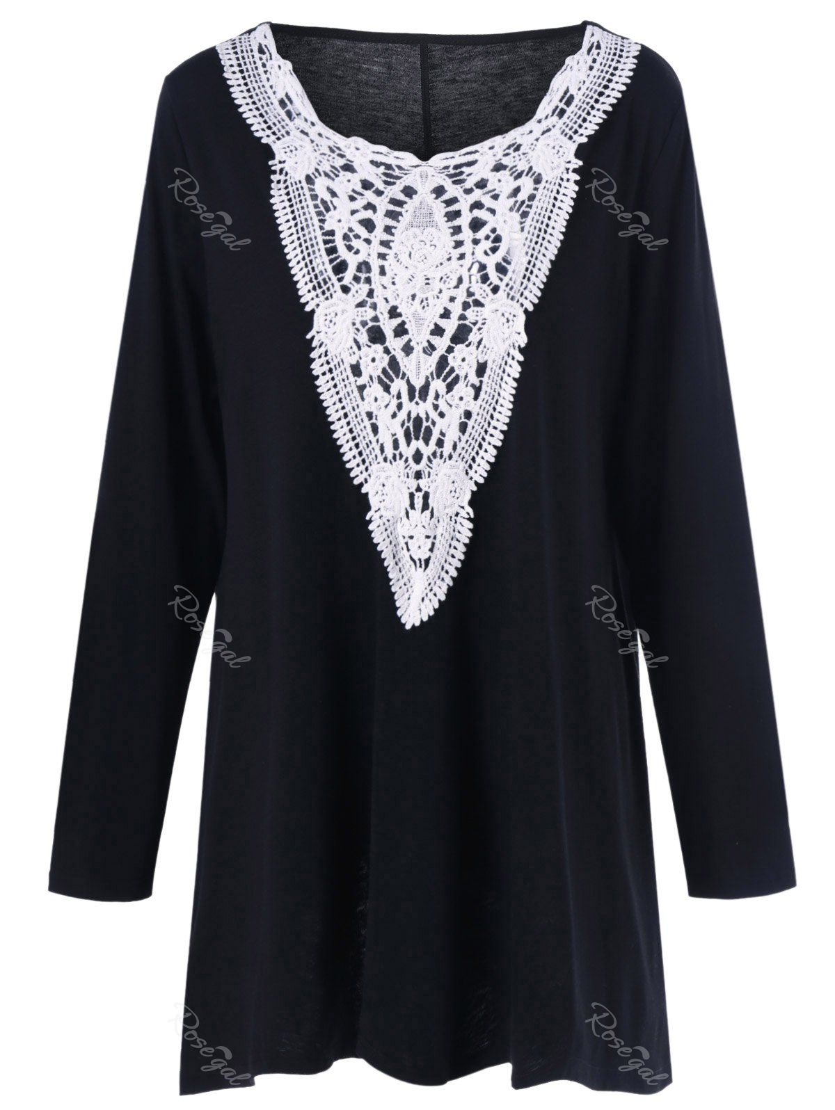 

Plus Size Crochet Panel Longline T-Shirt, White and black