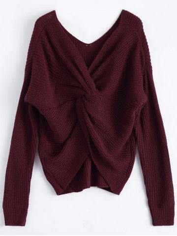 Affordable V Neck Twisted Back Sweater BURGUNDY ONE SIZE