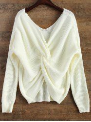 V Neck Twisted Back Sweater - WHITE ONE SIZE