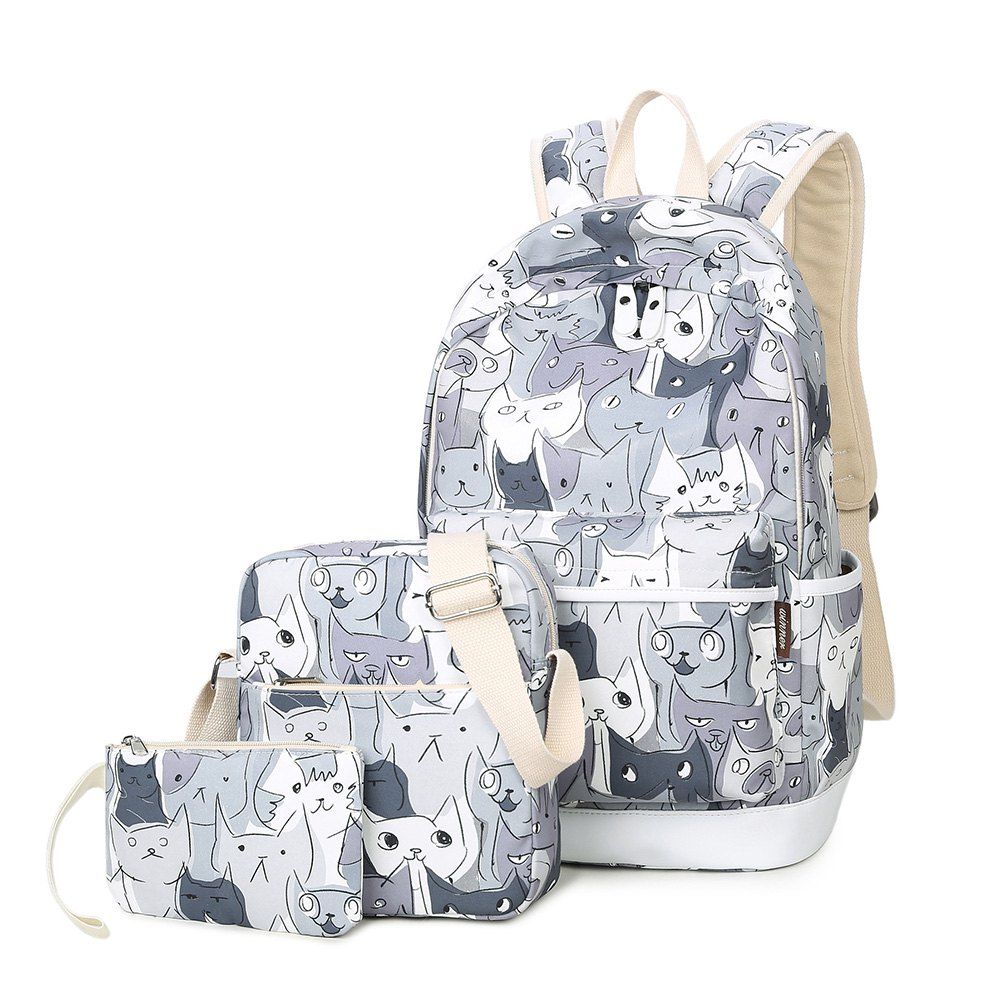 [35 OFF] Side Pockets Cat Print Backpack Set Rosegal