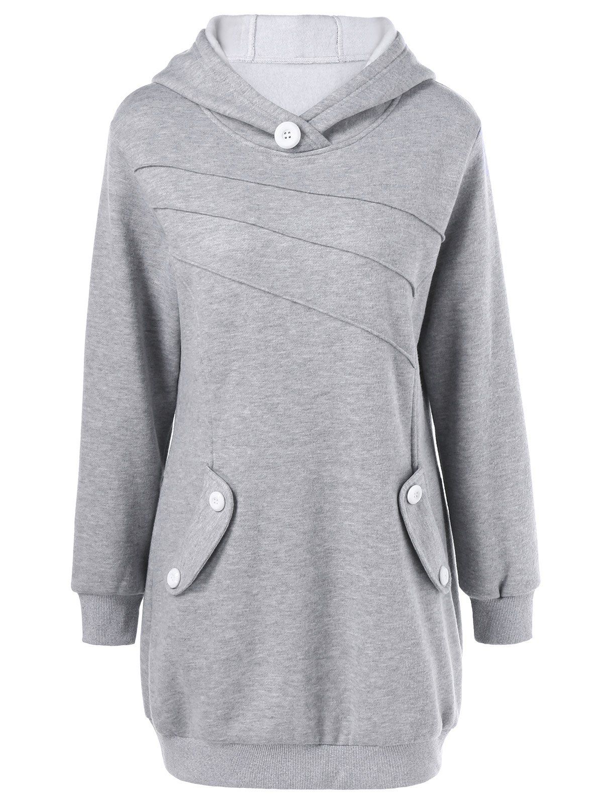 

Button Decorated Pockets Longline Hoodie, Light gray