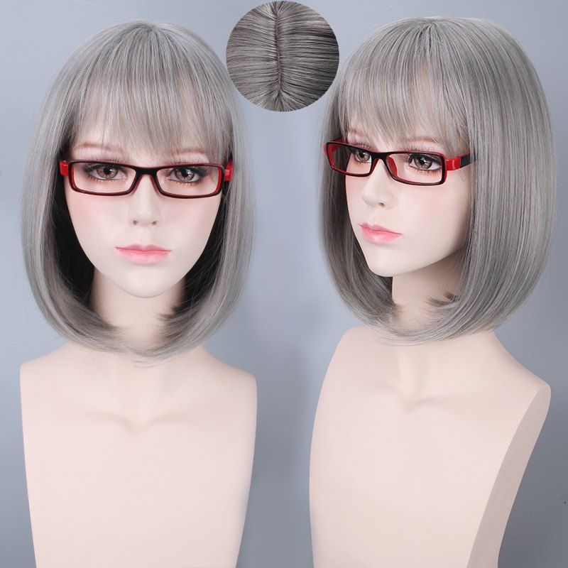 

Short Neat Bang Bob Straight Harajuku Synthetic Cosplay Wig, Silver gray