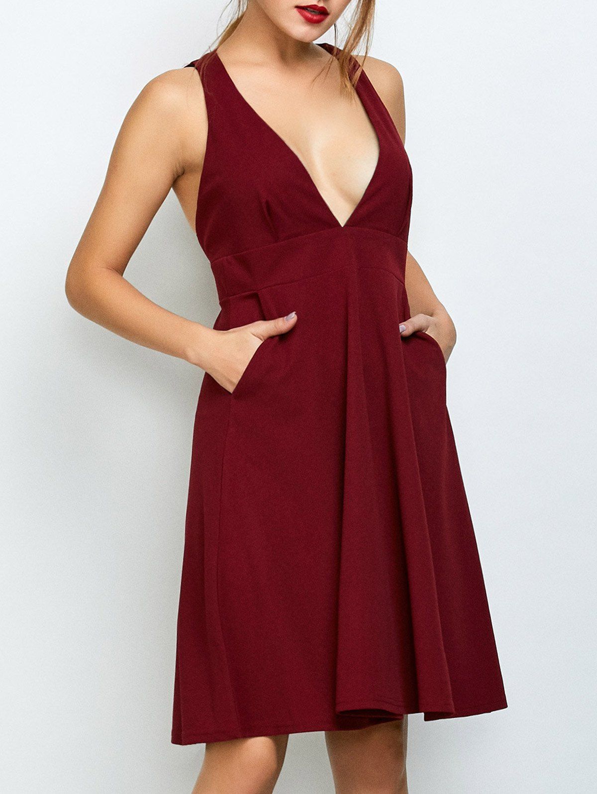 [28 OFF] A Line Plunge Empire Waist Summer Cocktail Dress Rosegal