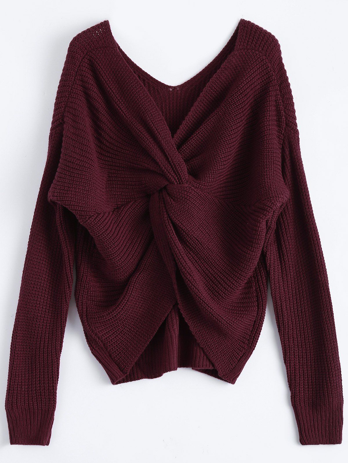 

V Neck Twisted Back Sweater, Burgundy