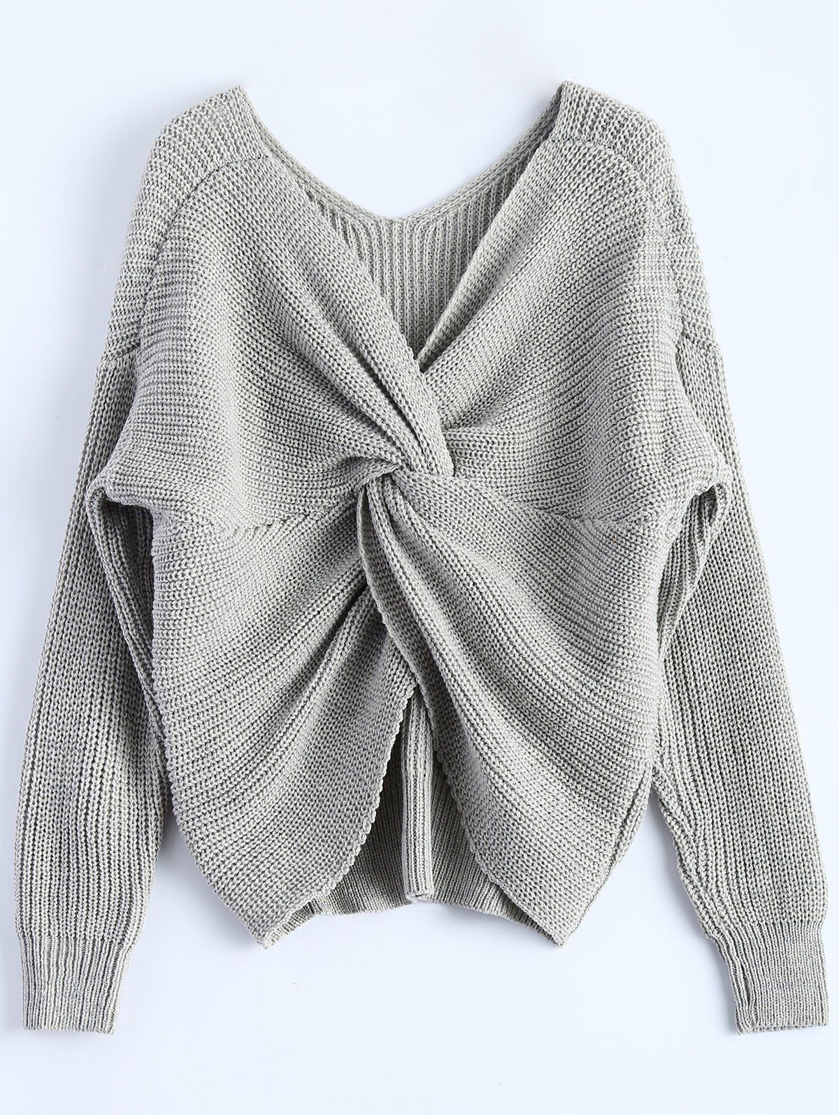 

V Neck Twisted Back Sweater, Gray