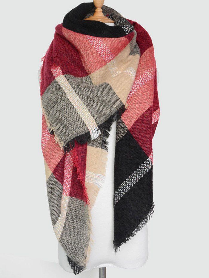 

Plaid Pattern Knit Blanket Shawl Wrap Scarf with Fringed, Burgundy