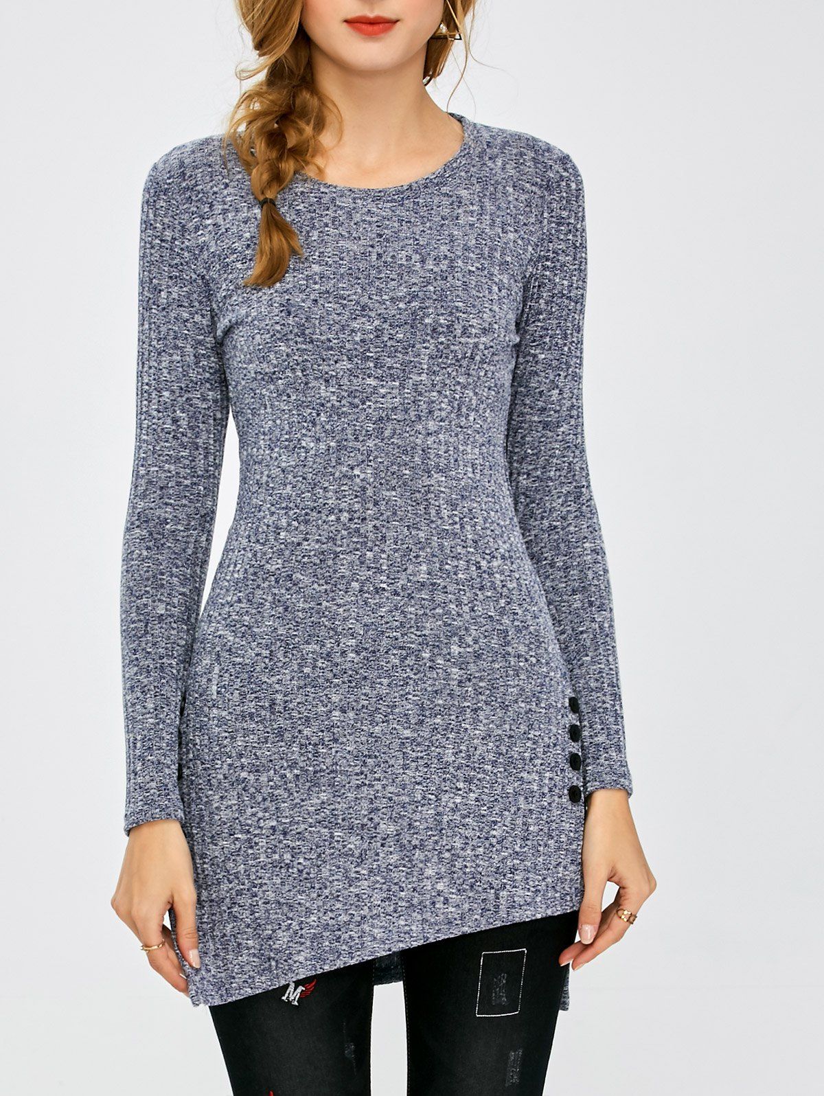 

Ribbed Asymmetrical Side Slit Buttoned Knitwear, Gray