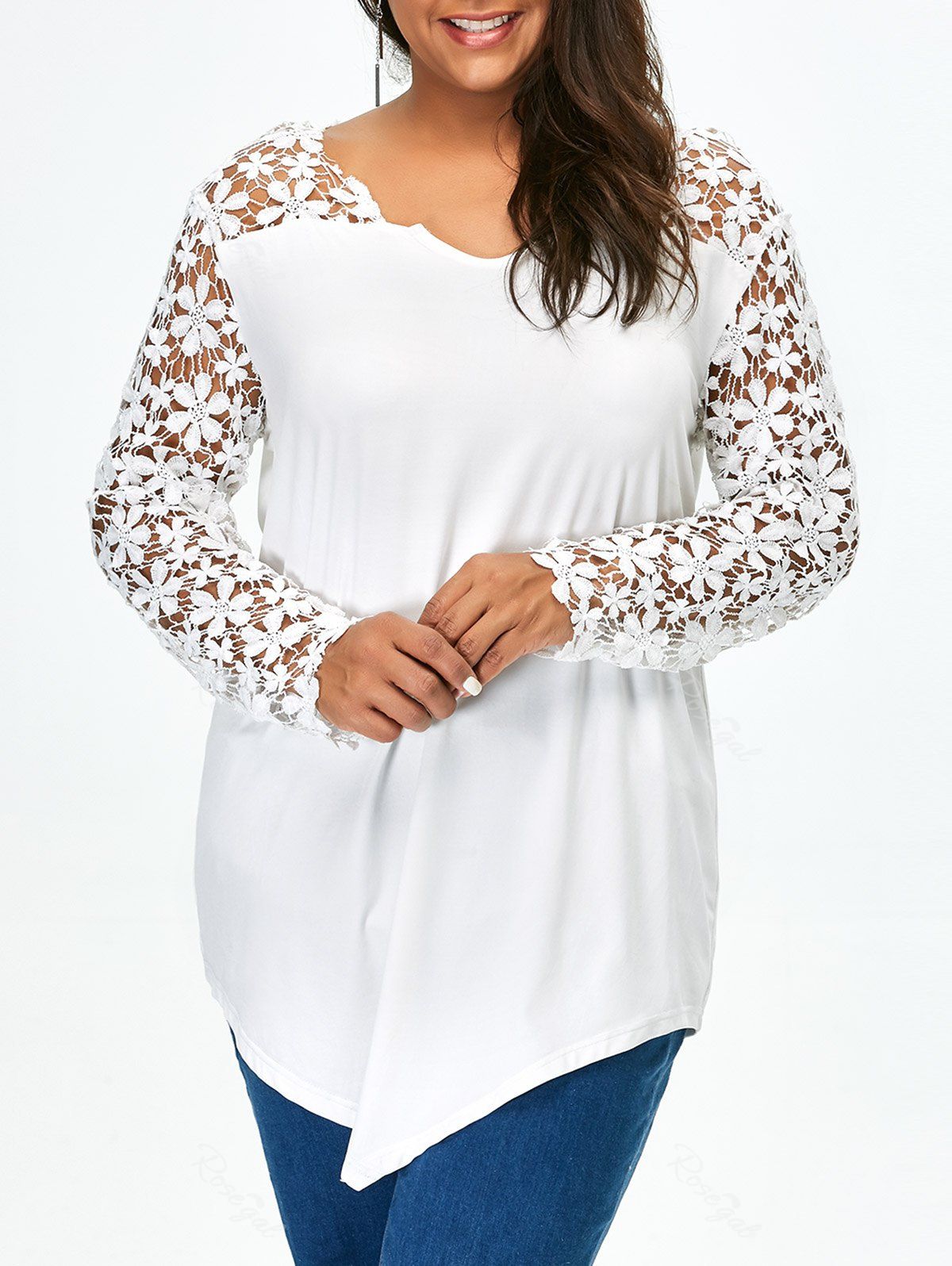 White 2xl Lace Panel Plus Size Long Sleeve Tunic T Shirt