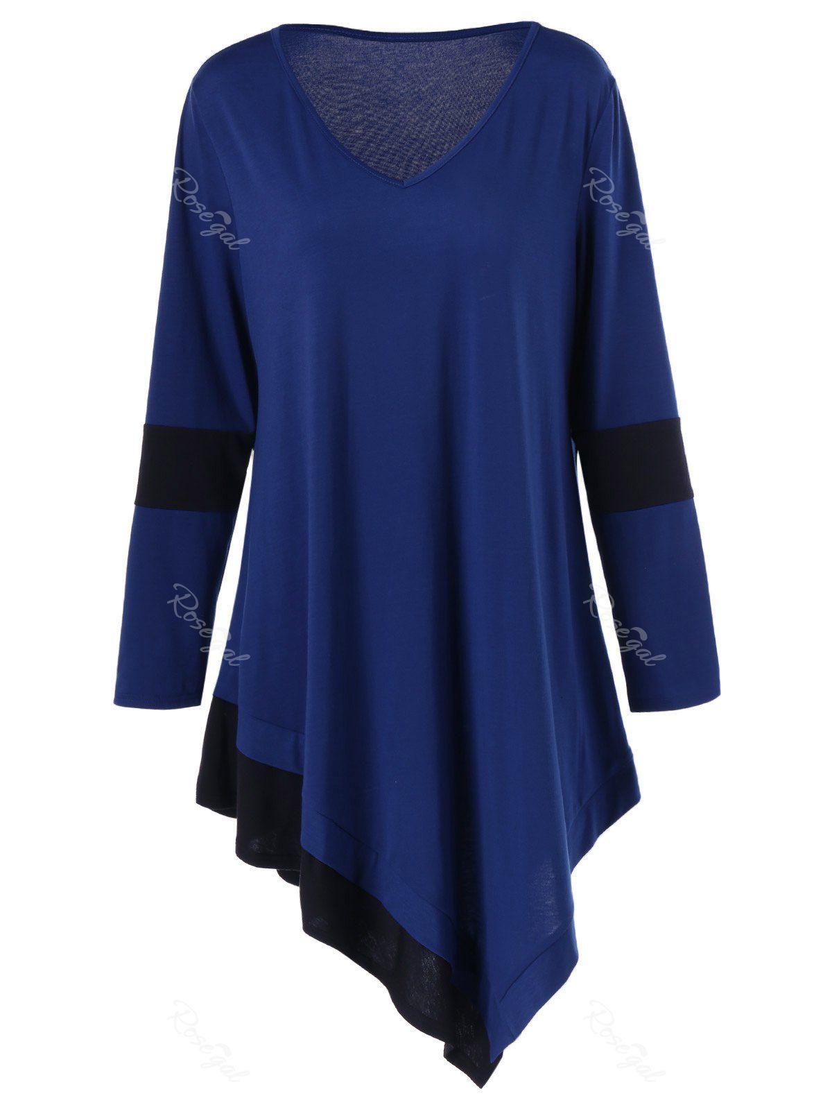 Blue/black 3xl Long Sleeve Plus Size Longline Asymmetrical T-shirt ...
