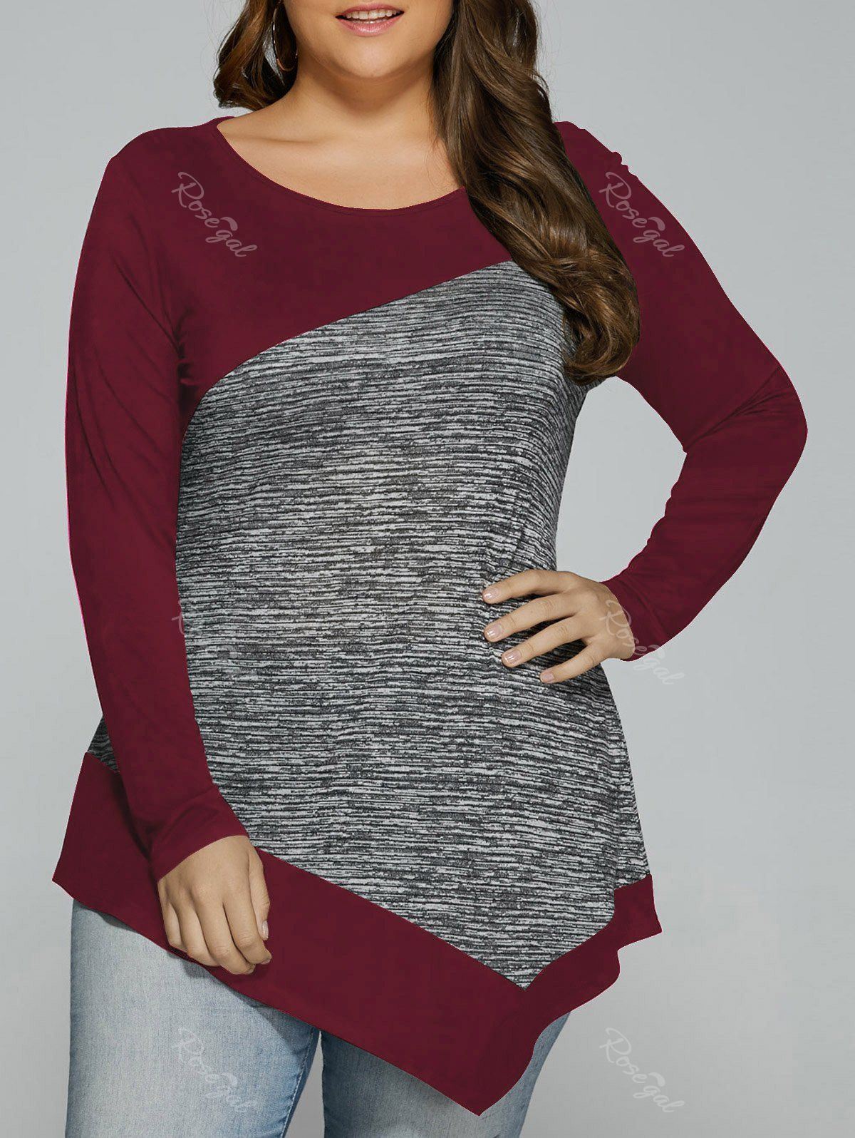 

Long Sleeve Plus Size Heather Trim Asymmetrical T-Shirt, Deep red