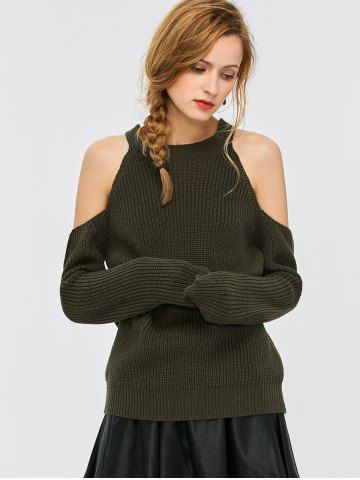 Army Green M Cold Shoulder Crew Neck Ribbed Sweater | RoseGal.com