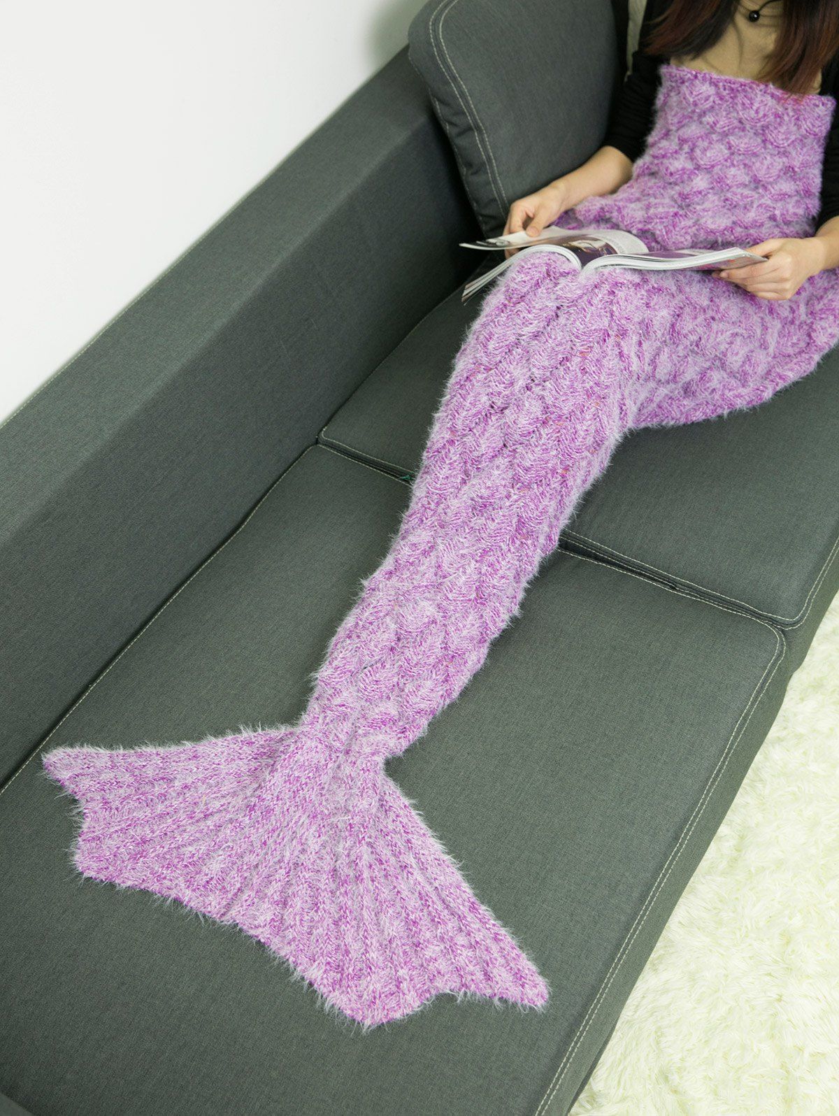 Couverture sac de couchage tricoté motif sirène Violet clair 