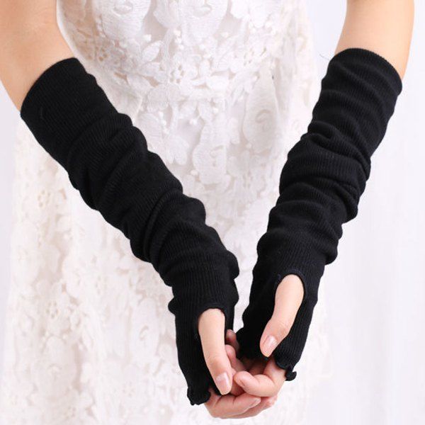

Knit Fingerless Arm Warmers with Flouncing Edge, Black