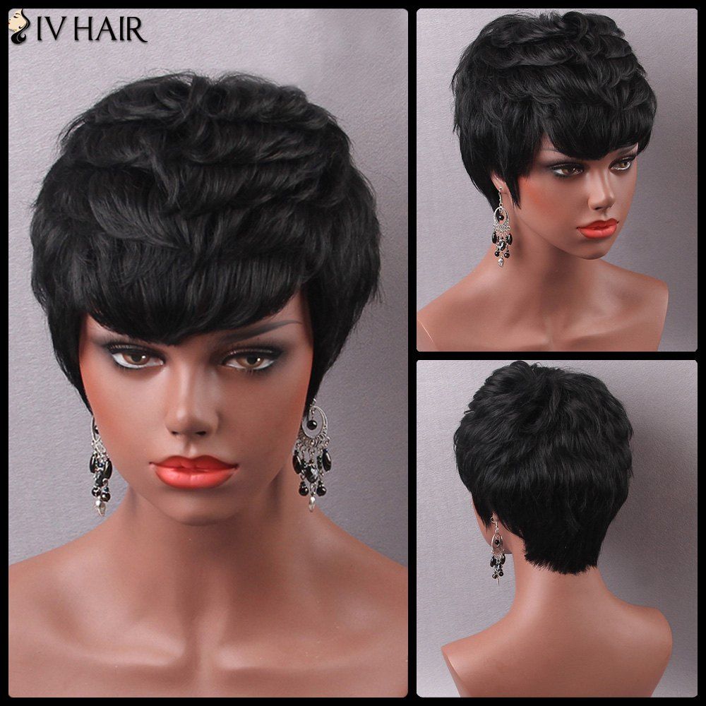 

Manly Short Side Bang Women's Human Hair Capless Wig, Jet black