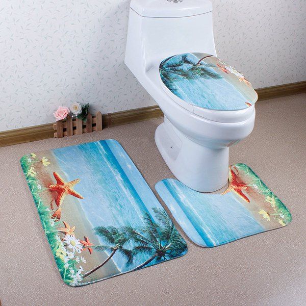 

3Pcs Antislip Sea Toilet Lid Cover and Bath Mats, Lake blue