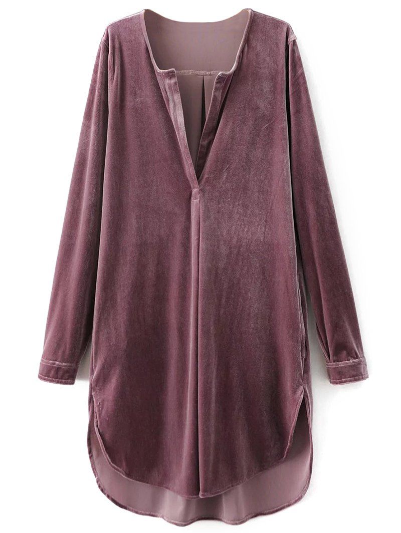 

V Neck Long Sleeve Velvet Tunic Shift Dress, Pink smoke