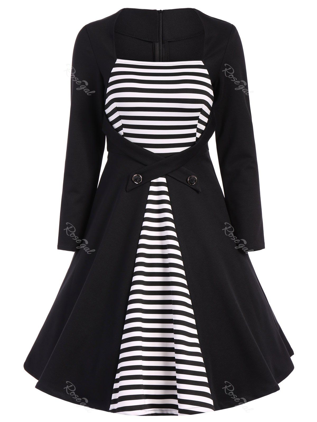 10 Off Plus Size Square Collar Striped Skater Dress With Long