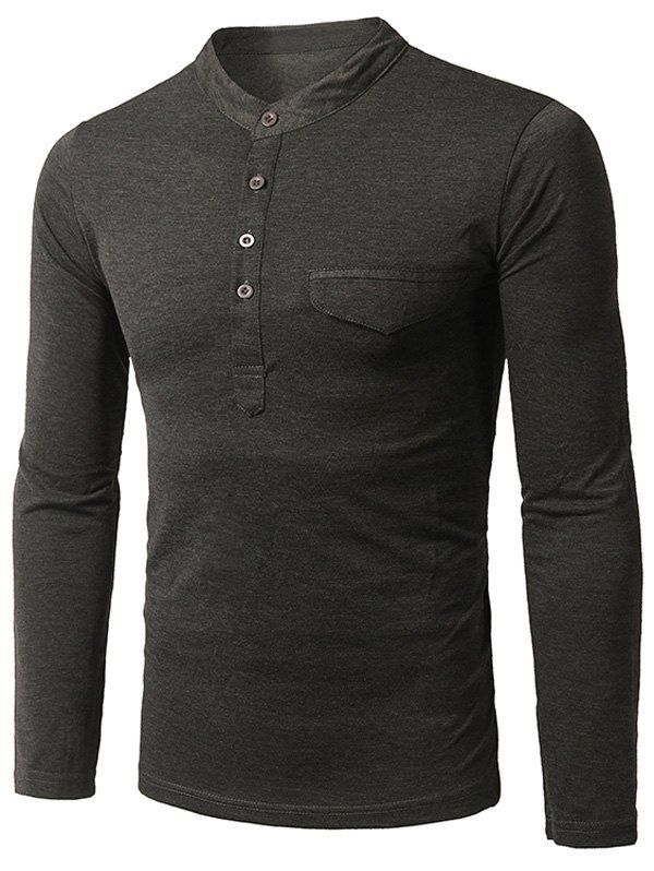 [69% OFF] Grandad Collar Long Sleeve Half Button Pocket T-Shirt | Rosegal