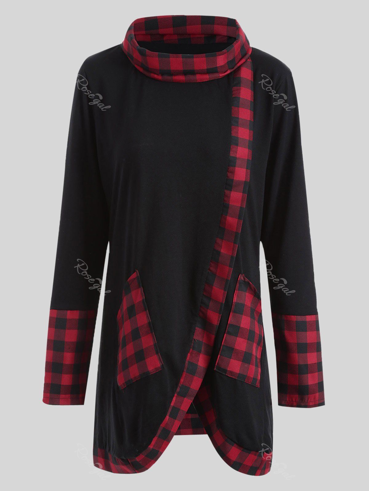 Plus-size t-shirt asymétrique à bordures à carreaux Noir et Rouge 2XL